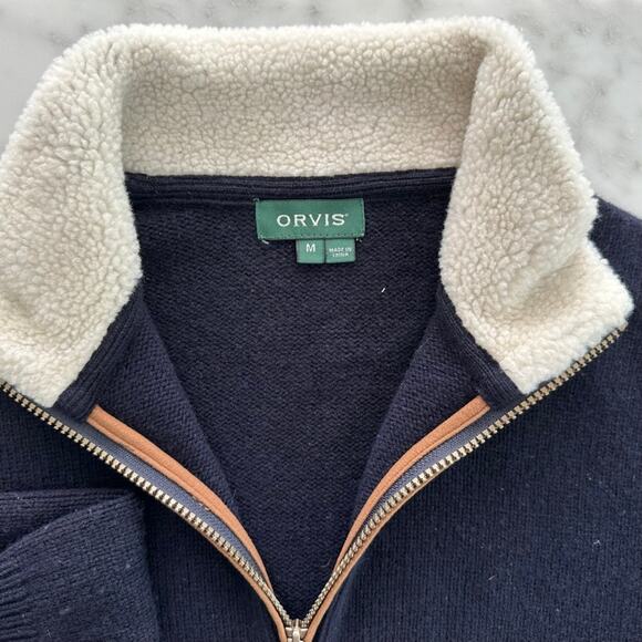 Orvis Men's Navy Blue Lambswool 1/4 Zip Sweater Size Medium Sherpa Collar - Picture 3 of 6